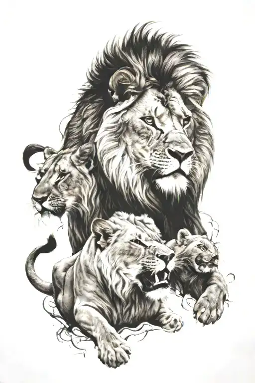 Lion Roaring With Lioness Protecting Her Cubs