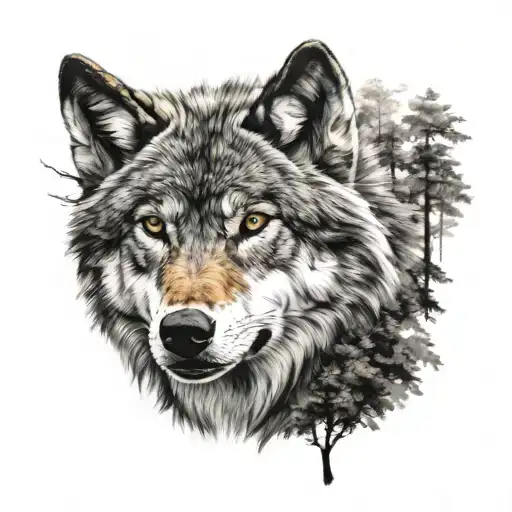 Wolf Face By Trees Background Looking