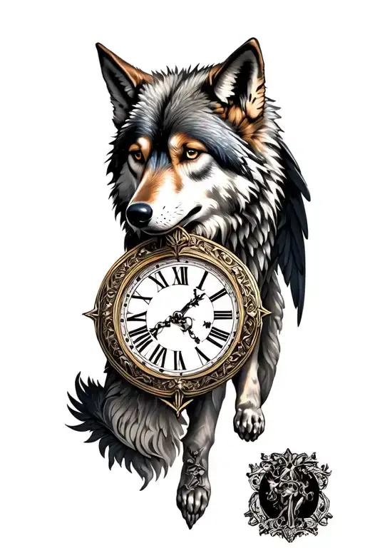 Tattoo With A Wolf With A Roman Clock Around It It Has Wings
