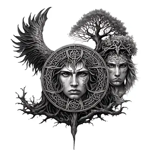 Vegvisir And Freya And Ygg Drasil Tree Surrounded By Celtic