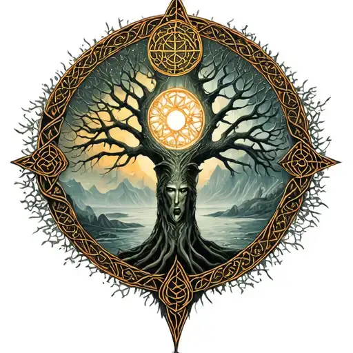 Vegvisir And Freya Goddes And Ygg Drasil Tree Surrounded By Celtic