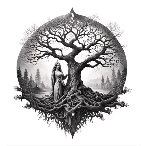 Yddrasil Tree And Freya Goddes Growing Together