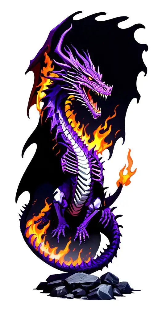 One Dragon With Purple Fire One Dragon Skeleton With Orange Fire With Rocks