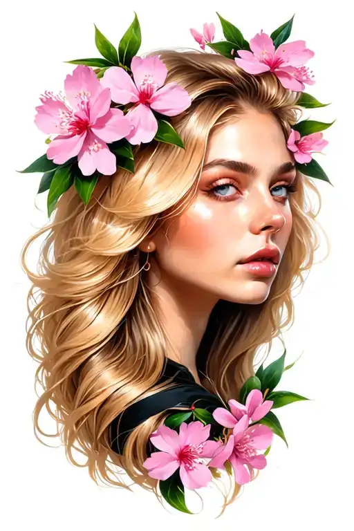 A Blonde Woman With Long Hair And Pink Sakura Flowers