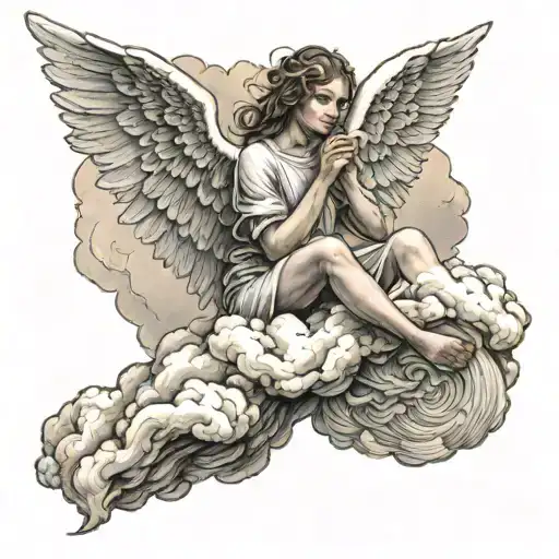 Cherubium Angel Sitting On A Cloud Filled Sky