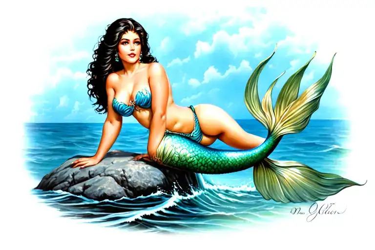 Pin Up Mermaid Brunette Sitting On Rock In Ocean