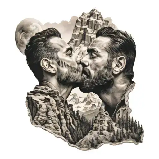 Two Guys Kissing On A Mountain Range