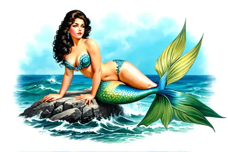 Pin Up Mermaid Brunette Sitting On Rock In Ocean