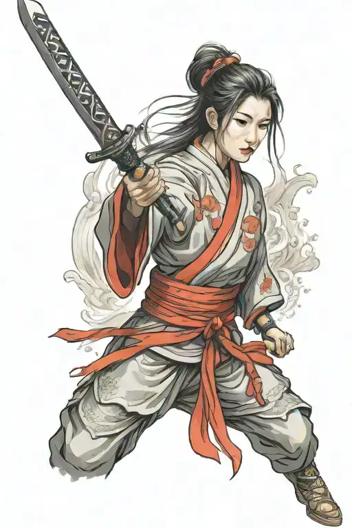 Japanese Woman Warrior Wielding A Sword