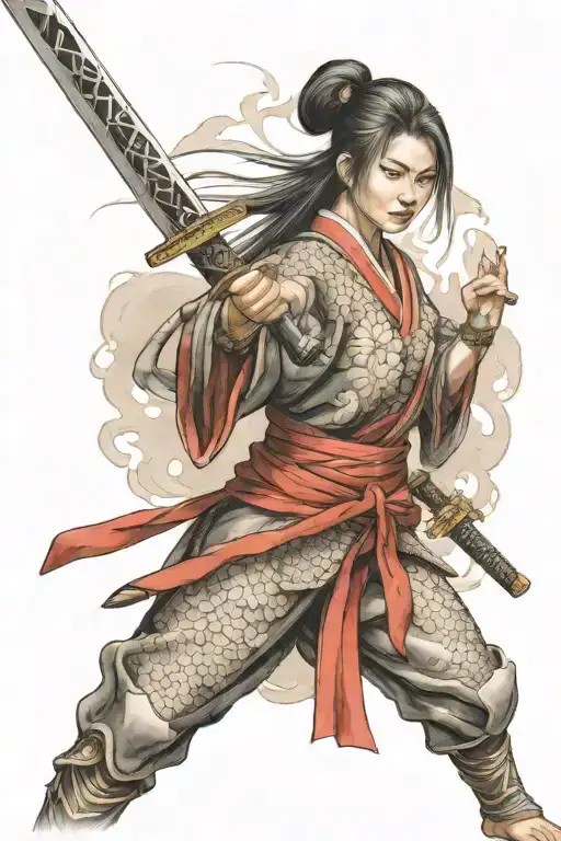 Japanese Woman Warrior Wielding A Sword