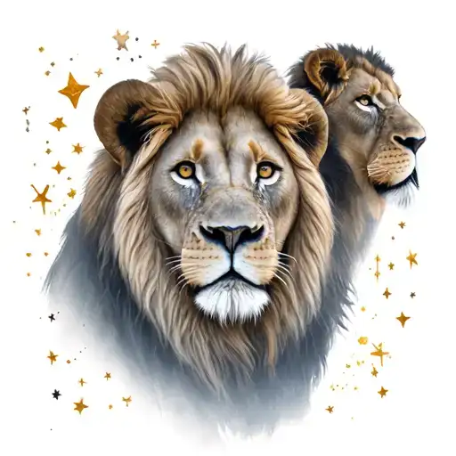 Lion And Lion Baby Stars In Background Father And Son