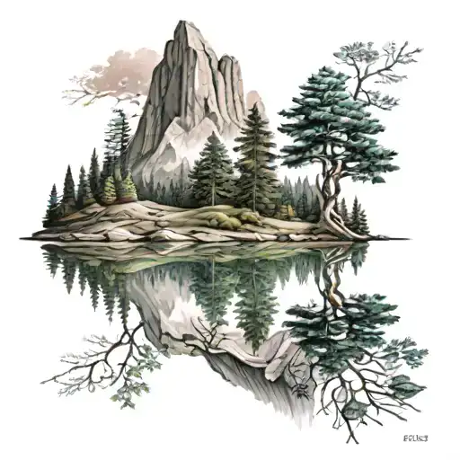 A Forest With A Mountain On Top And A Lake Reflecting The Landscape Below