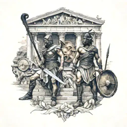 Ancient Greek Warriors With Ancient Ruins In Background