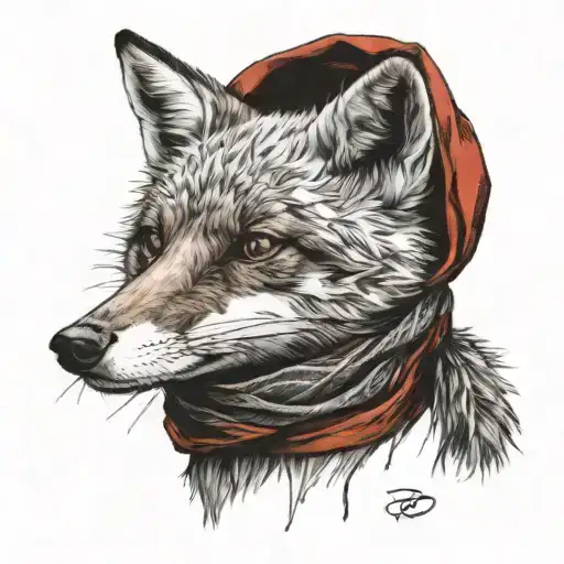 One Eyed Fox In Black And White With A Red Scarf Tied Around Its Neck