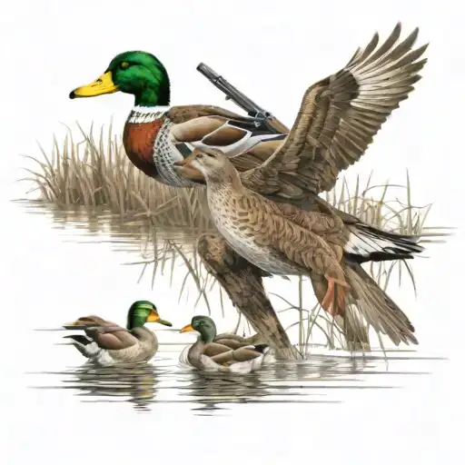 A Traditional Duck Hunting Scene With Decoys And A Shotgun