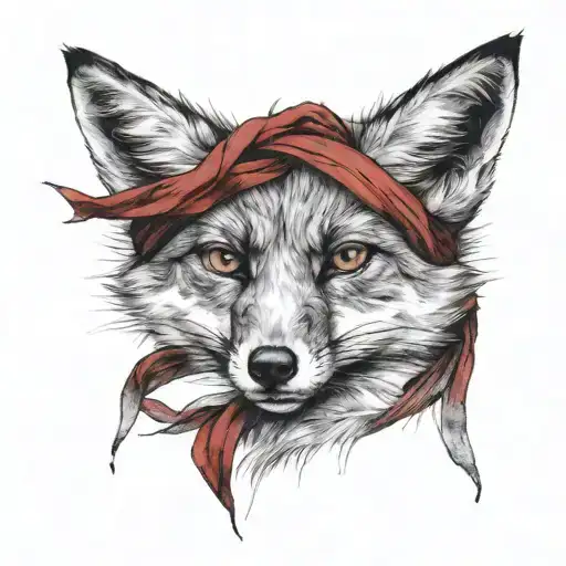 Damaged Eye Fox In Black And White With A Red Scarf Tied Around Its Neck
