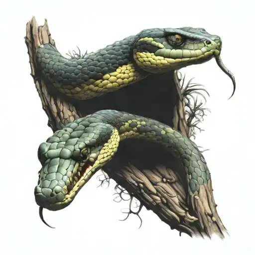 A 3 Headed Mamba Snake Wrapped Around A Tree Branch With Its Tongue Out Hissing