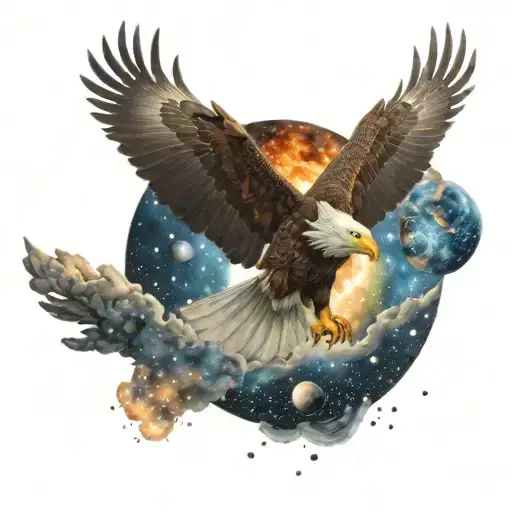 A Tattoo Of A Majestic Eagle Soaring Through A Galaxy Filled With Stars And Planets
