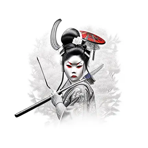 Geisha With Warrior And Sakura