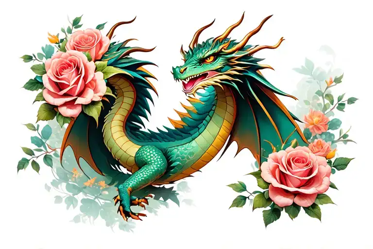 Dragon With Roses Blooming
