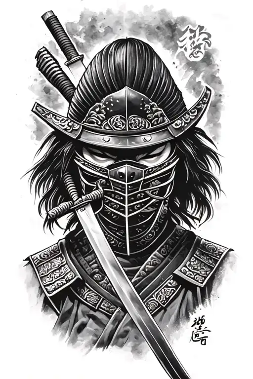 Samurai With Katana In Mask Black And White Tattoo Sketch Simple