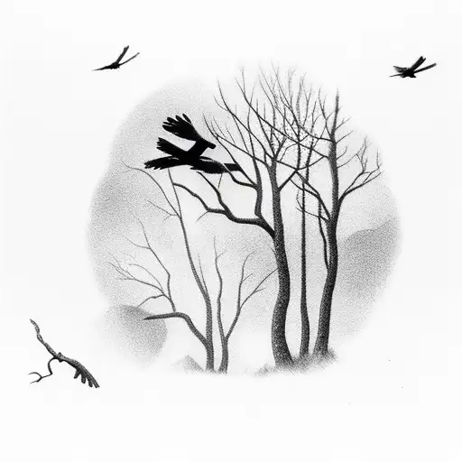 Deep Forest With Crows Flying Out Of It