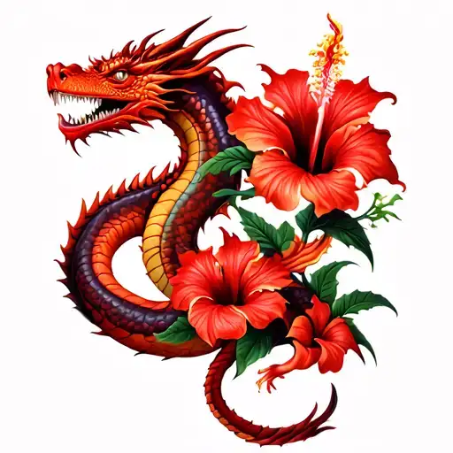 Red Dragon With Red Hibiscus Flowers