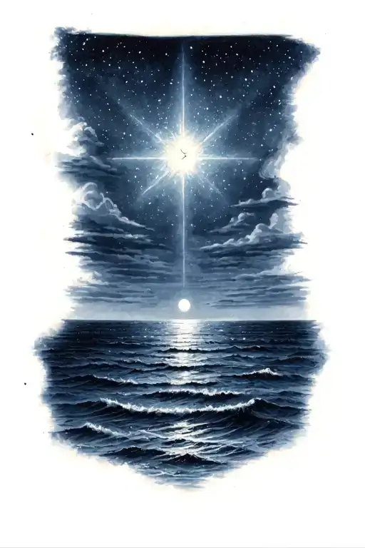 North Star And Calm Ocean At Night