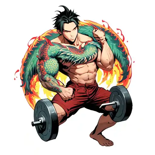 An Anime Character Lifting Weights With A Dragon Tattoo On Their Arm
