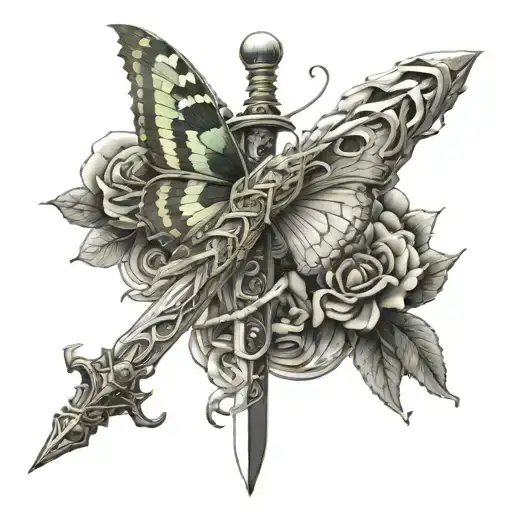 Vertical Sword With Snake Wrapping Around It And Butterfly At The Bottom