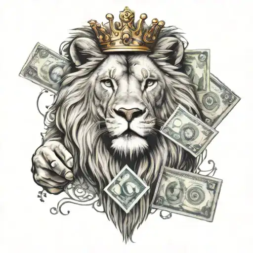Lion With Crown Holding Handgun And Money In The Hands