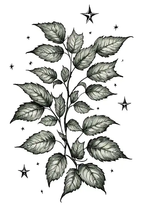 One Line Of Leaves On Vine With Stars
