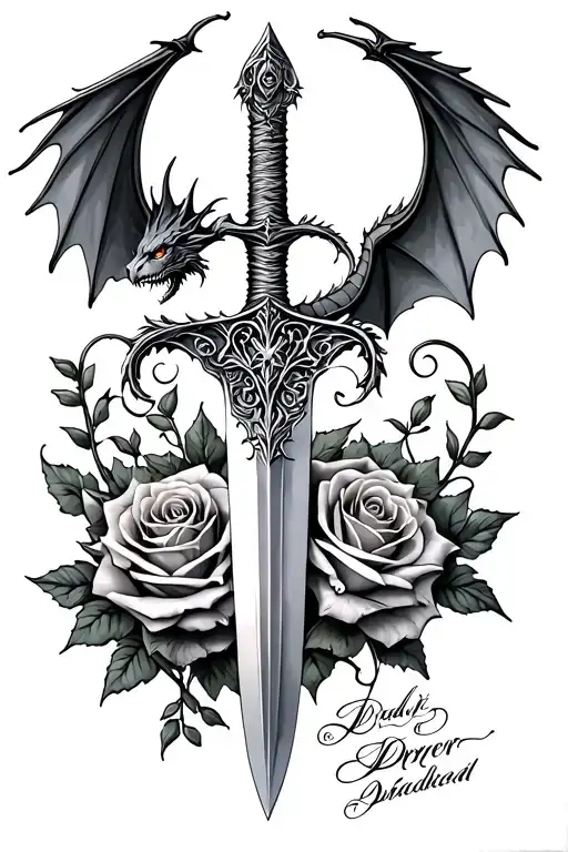 Deadric Dagger Stabbed Into A Bed Of Roses With A Dragon Flying Around The Dagger