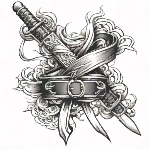 Create A Tattoo Of A Black Belt Intertwined With Swords In A Realistic Style