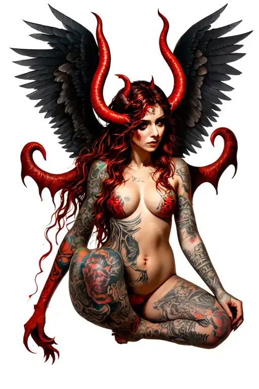 Naked Female Devil Full Of Tattoo With Wings