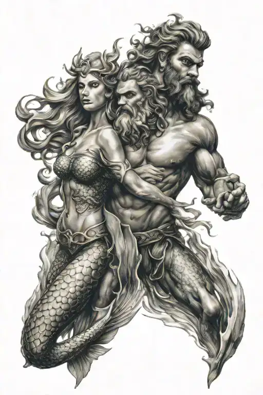 Poseidon And Mermaid Swimming