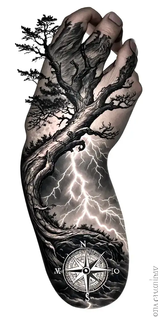 Vegvisir Compass And Rume And Tree And Lightning