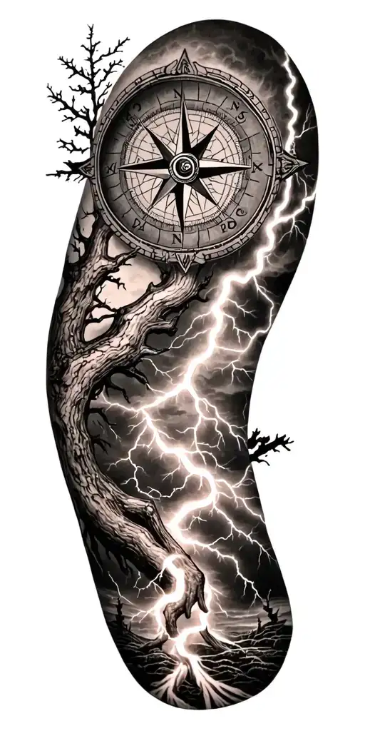 Vegvisir Compass And Rume And Tree And Lightning