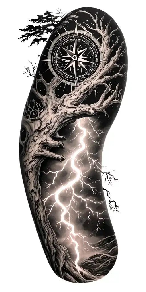 Vegvisir Compass And Rume And Tree And Lightning Bolt