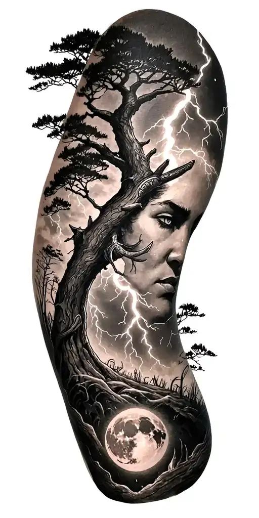 Viking Rume And Moon And Tree And Lightning Bolt