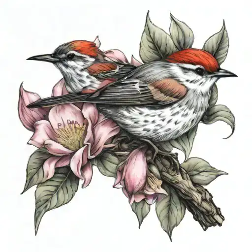 Saucer Magnolia Flower And A Female Red Breasted Robin