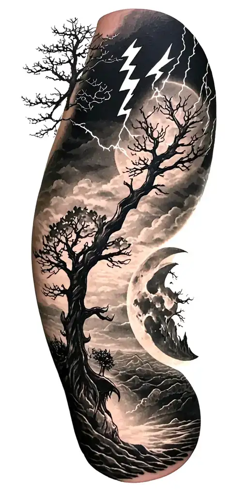 Viking Rume And Moon And Tree And Lightning Bolt