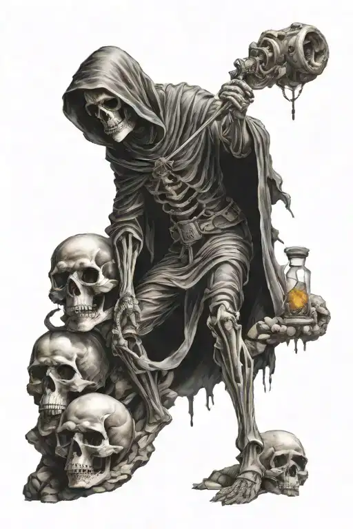 Full Body Rugged Grim Reaper Holding Hourglass Standing On Skulls