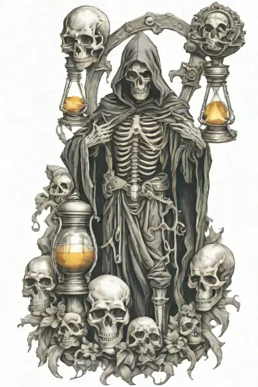Full Body Rugged Grim Reaper Holding Hourglass Standing On Skulls