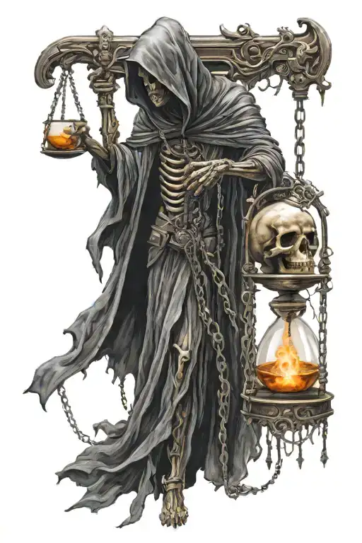 Side Profile Full Body Grim Reaper Holding A Hourglass With Chains Standing On Skulls