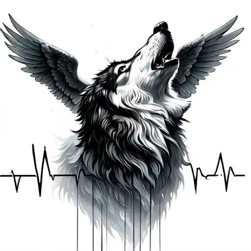 Heartbeat Line Transforming To A Wolf Howling Surrounded By Angels