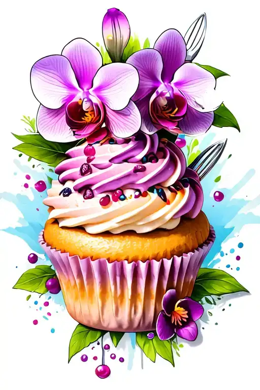 A New-school Tattoo Of A Cupcake With Orchid Decorations And Baking Utensils In The Background