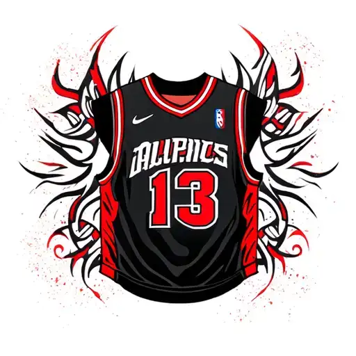 Black And Red Basketball Jersey With The Number 13 And A Tribal Theme