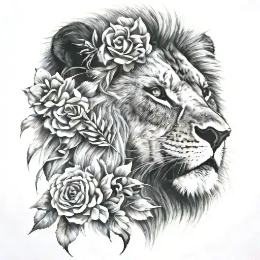 A Lion Face With Some Flowers