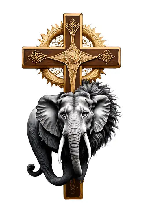 Christian Cross With Lion And Elephant